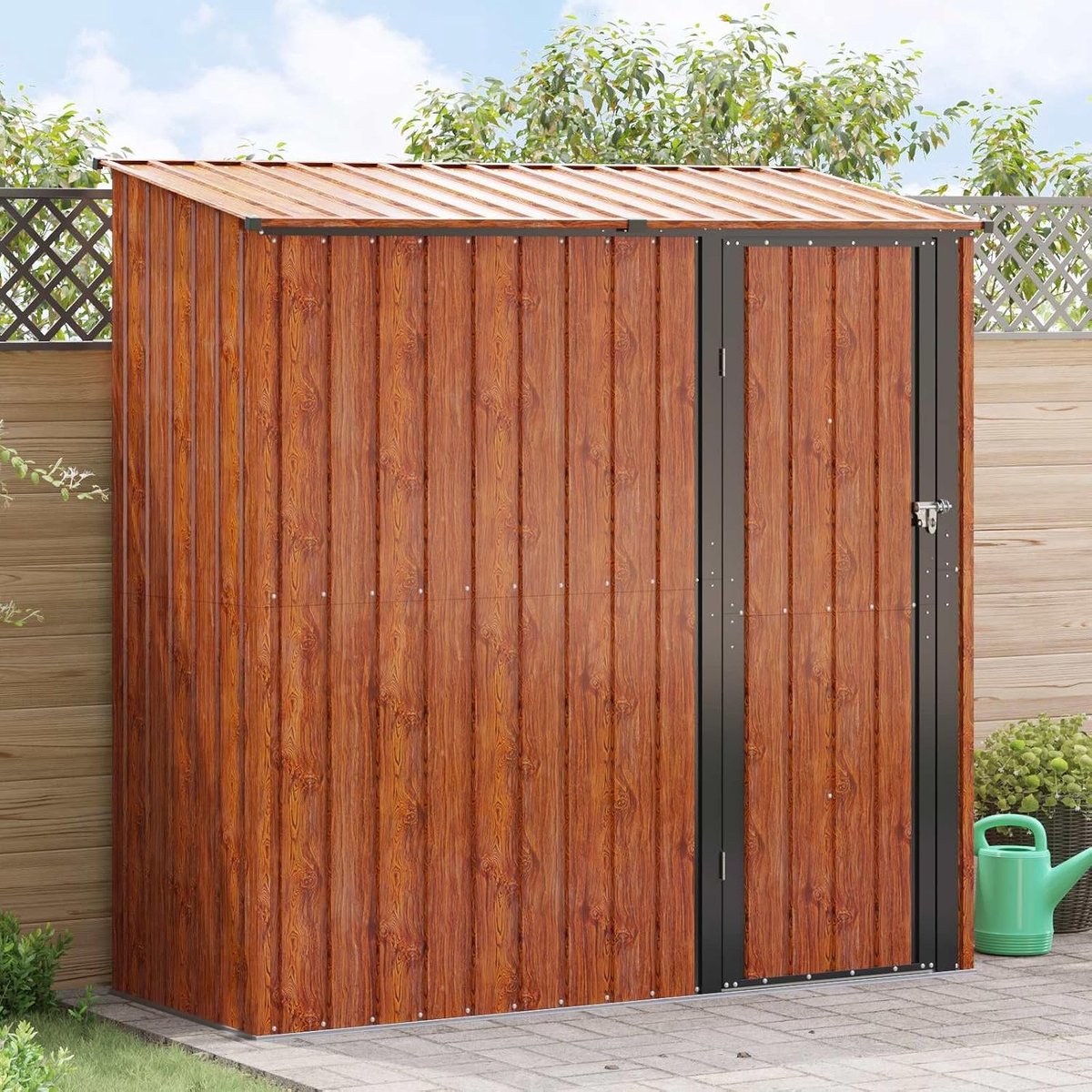 Tuinhuisje, bruin, 203 x 85,5 x 200 cm, robuuste roestbestendige constructie met slotmechanisme voor veilig opbergen van tuingereedschap, schuin dak voor efficiënt