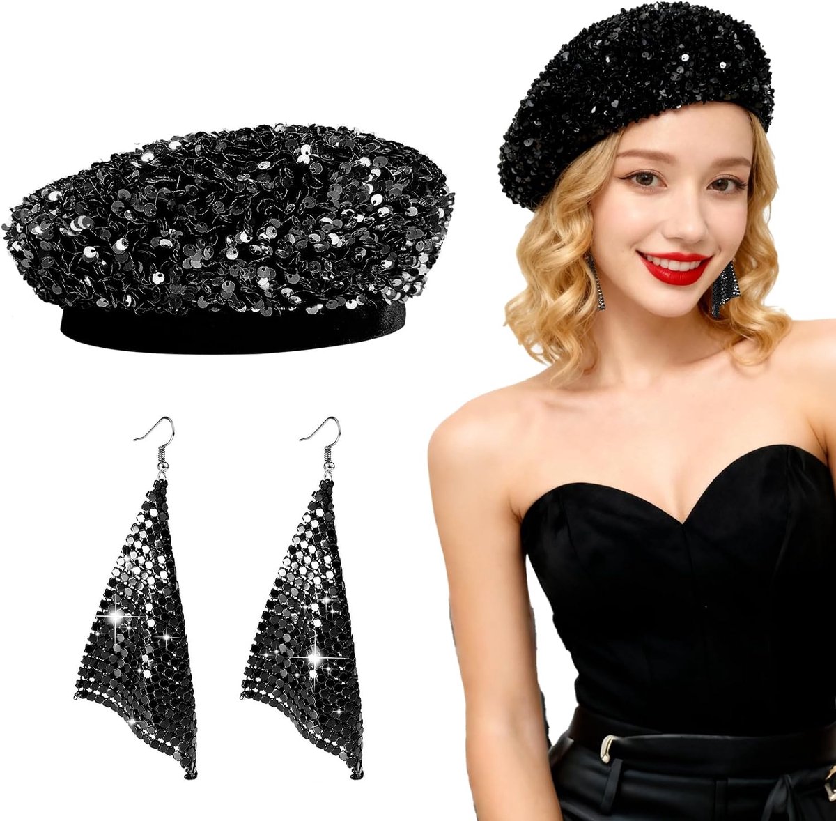 Jaren 70-kostuum, glanzend, paillettenhoed met pailletten, oorbellen, disco-accessoires, voor dames, jaren '70, fantastisch discokostuum voor jaren 70, 80, discotheekfeest, themafeest