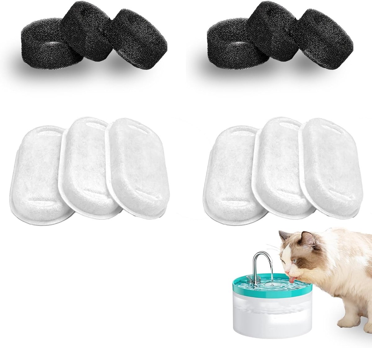6 stuks + 6 sponsen voor 2L fontein voor katten – Perfecte compatibiliteit, verbetert de waterkwaliteit, voorkomt infecties, geschikt voor dagelijks gebruik