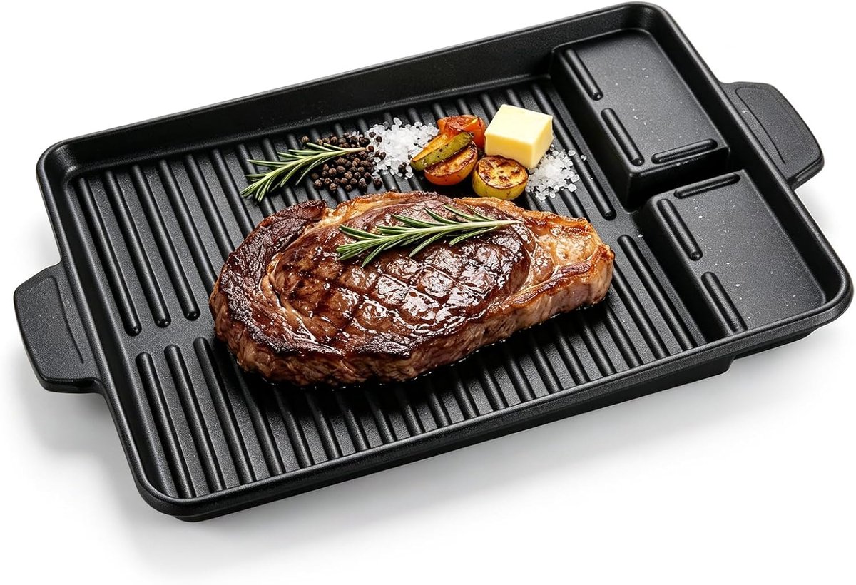 Grillplaat, 32 x 26 cm, Koreaanse antiaanbaklaag, rookvrije rechthoekige grillpan, aluminium bakplaat barbecue met handgrepen voor gasfornuis en camping, gasgrill, fornuis en outdoor barbecue (zwart)