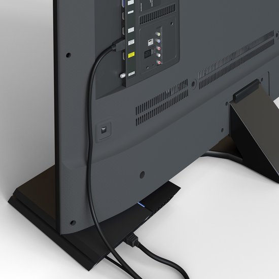 Achterkant van een donkergrijze televisie met aangesloten HDMI-kabel, verbonden met een zwarte gameconsole.