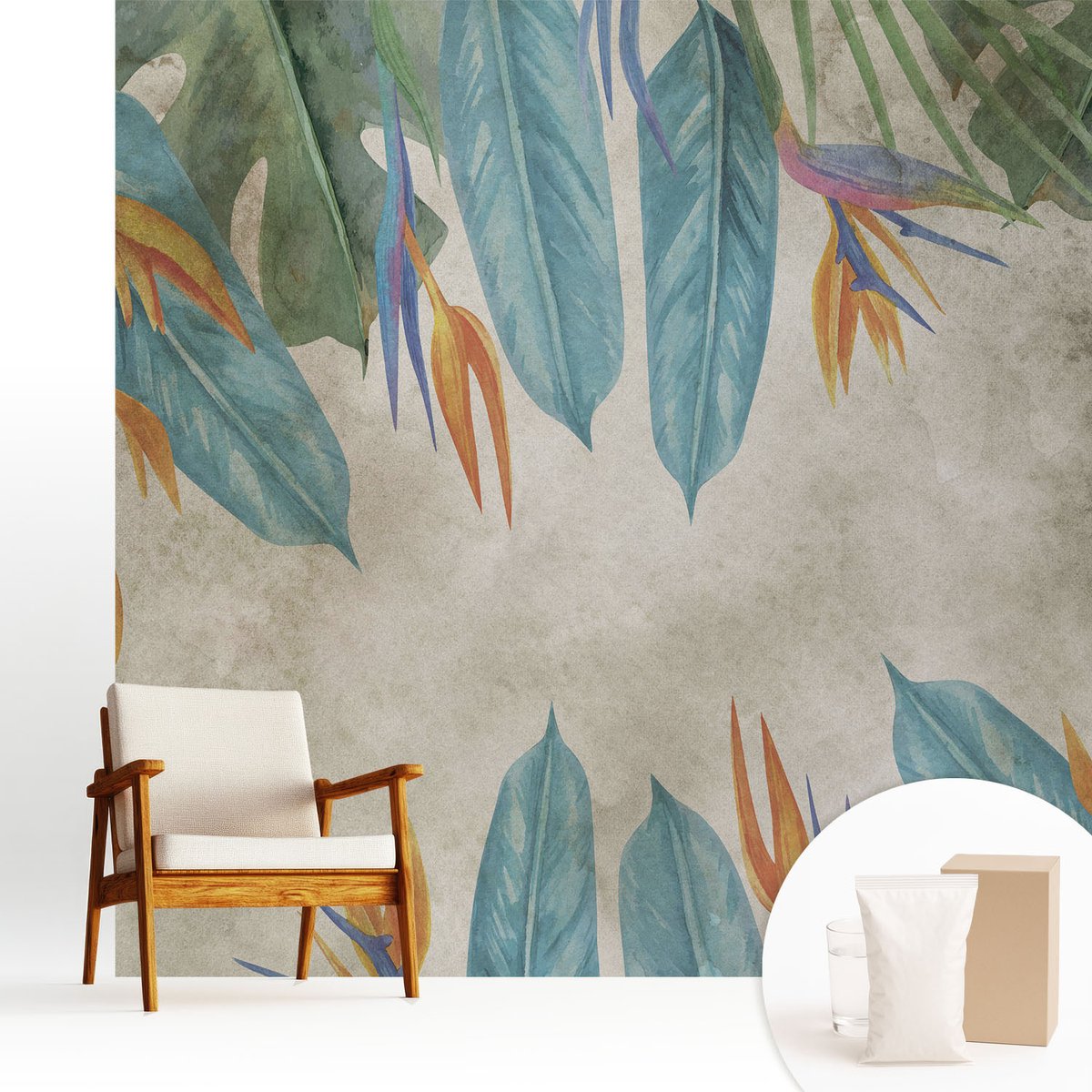 Wallfluent Fotobehang - Blauw Vliesbehang - 250x250 cm - Tropische Bloemen Fotobehang Vlies - Hal behang Bloemen En Planten - Muurschildering - Woonkamer behang