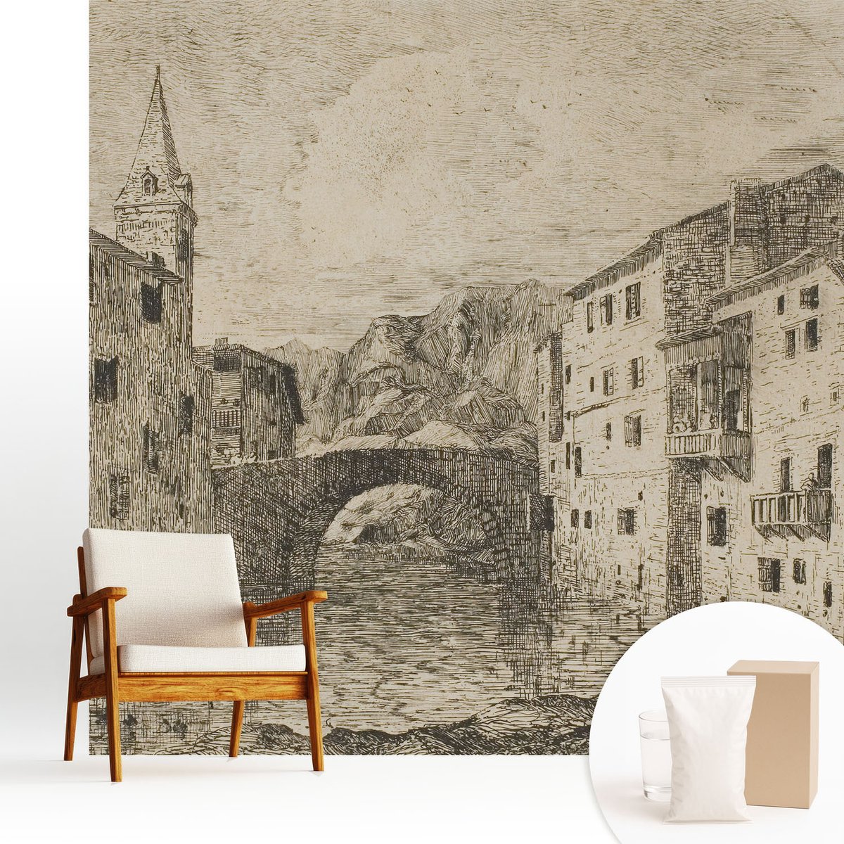 Wallfluent Fotobehang - Grijs Vliesbehang - 250x250 cm - Stadspanorama Fotobehang Vlies - Woonkamer behang Architectuur - Muurschildering - Woonkamer behang