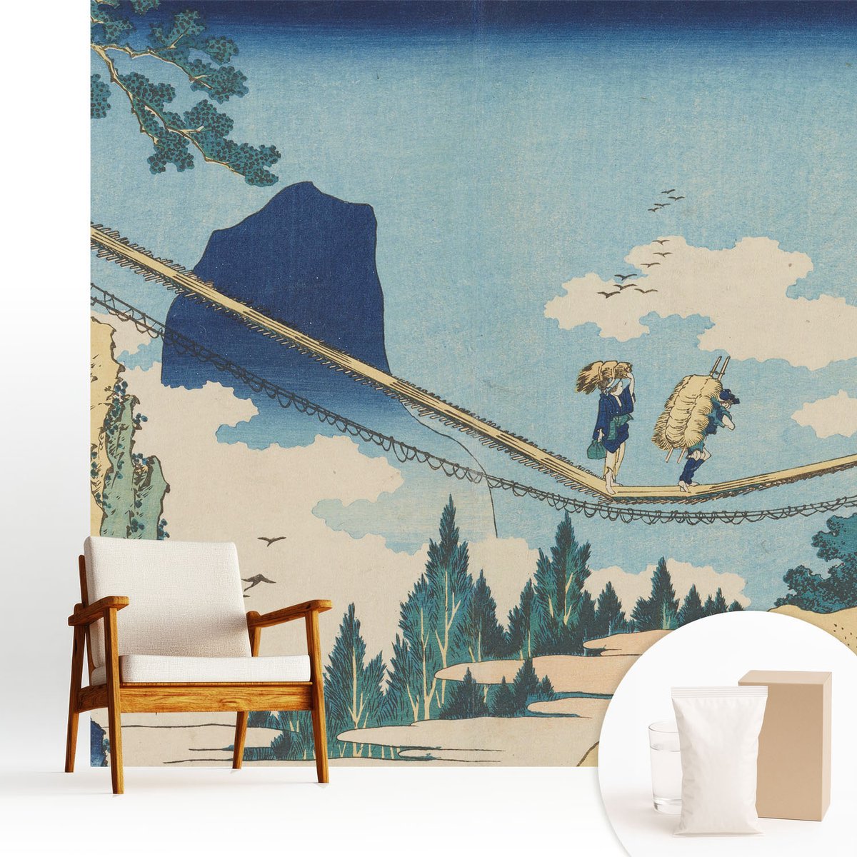 Wallfluent Fotobehang - Blauw Vliesbehang - 250x250 cm - Bergbrug Fotobehang Vlies - Woonkamer behang Landschappen - Muurschildering - Woonkamer behang