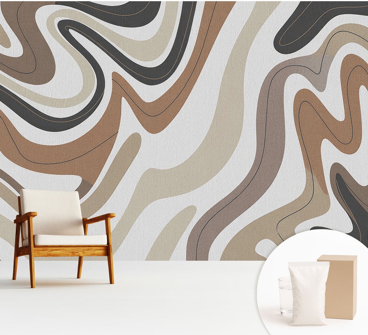 Wallfluent Fotobehang - Beige Vliesbehang - 312x219 cm - Harmonieuze Golven Fotobehang Vlies - Woonkamer behang Abstractie - Muurschildering - Woonkamer behang