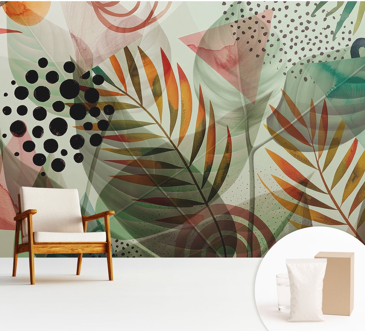 Wallfluent Fotobehang - Groente Vliesbehang - 312x219 cm - Abstracte Bladeren Fotobehang Vlies - Woonkamer behang Bloemen En Planten - Muurschildering - Woonkamer behang