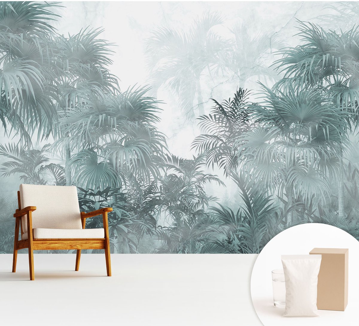 Wallfluent Fotobehang - Blauw Vliesbehang - 312x219 cm - Exotisch Groen Muurschildering - Slaapkamer behang Bloemen En Planten - Fotobehang Vlies - Gang behang