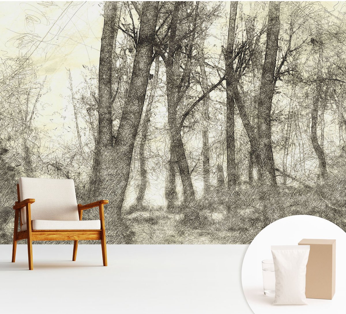 Wallfluent Fotobehang - Zwart-Wit Vliesbehang - 312x219 cm - Bosmelancholie Muurschildering - Slaapkamer behang Landschappen - Fotobehang Vlies - Slaapkamer behang