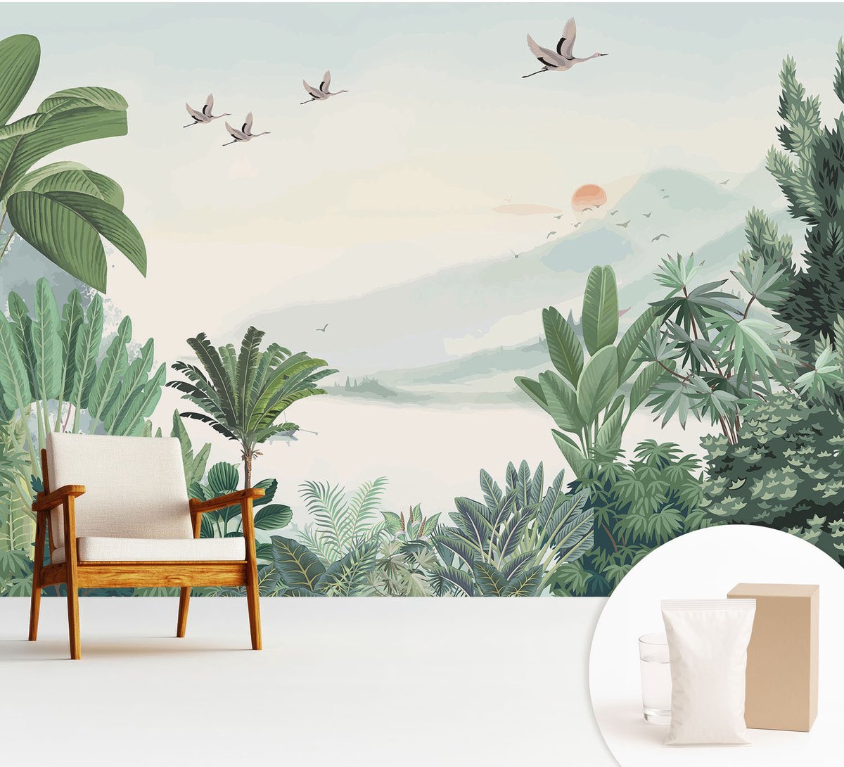 Wallfluent Fotobehang - Groente Vliesbehang - 312x219 cm - Tropische Oase Fotobehang Vlies - Hal behang Landschappen - Muurschildering - Woonkamer behang