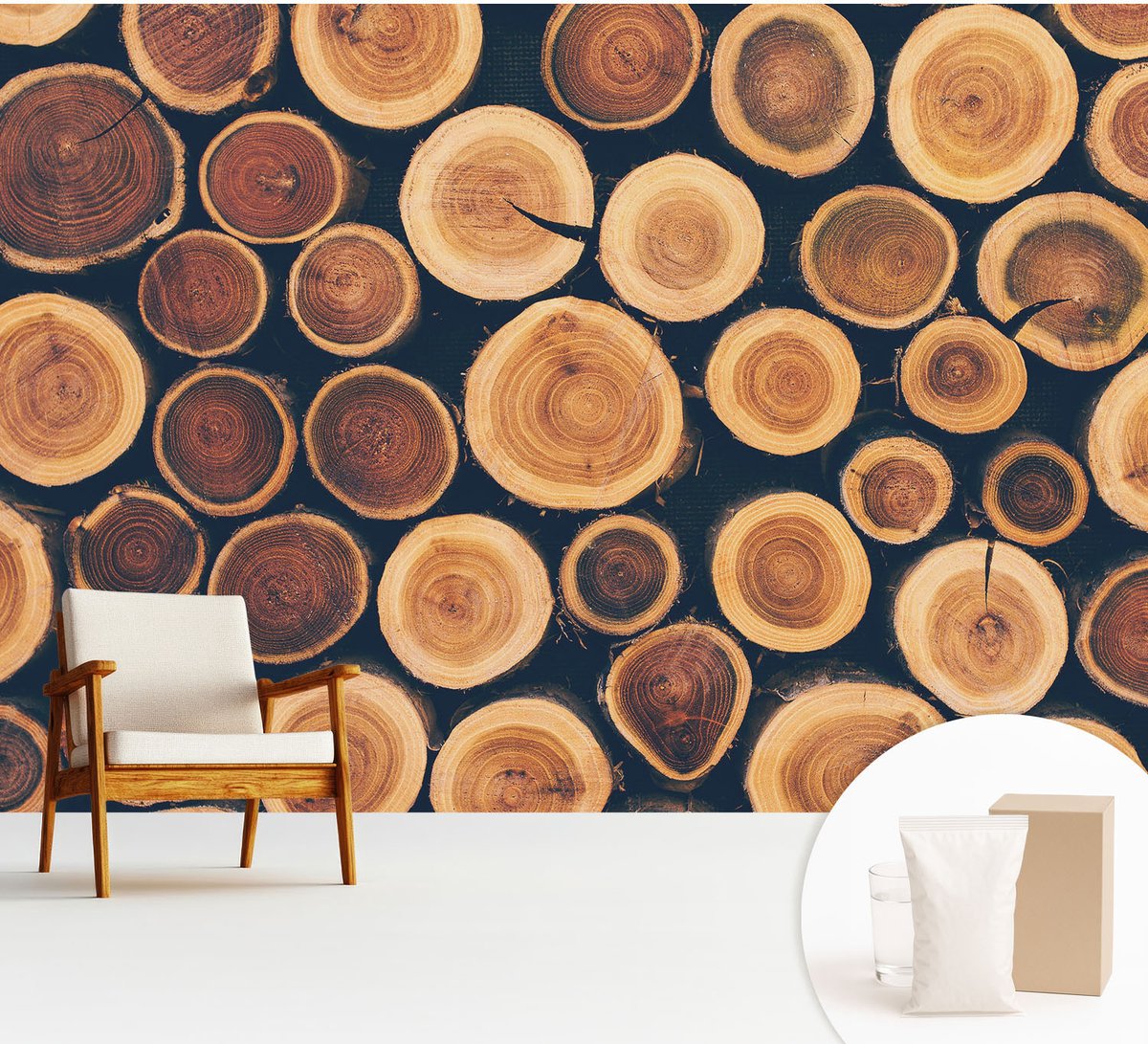 Wallfluent Fotobehang - Bruin Vliesbehang - 312x219 cm - Houten Cirkels Muurschildering - Slaapkamer behang Texturen - Fotobehang Vlies - Slaapkamer behang