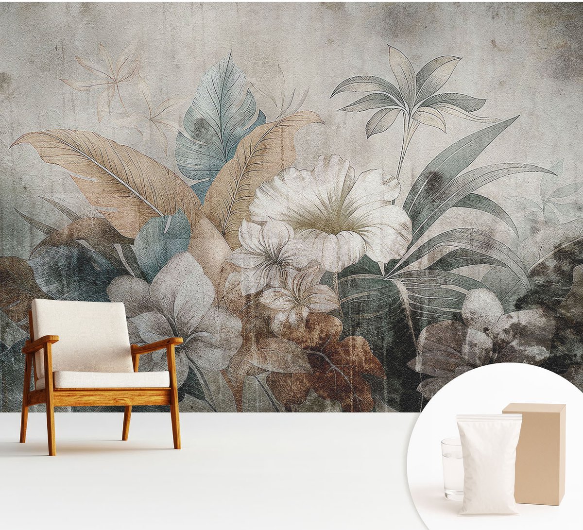 Wallfluent Fotobehang - Grijs Vliesbehang - 312x219 cm - Bloemendroom Muurschildering - Slaapkamer behang Bloemen En Planten - Fotobehang Vlies - Slaapkamer behang