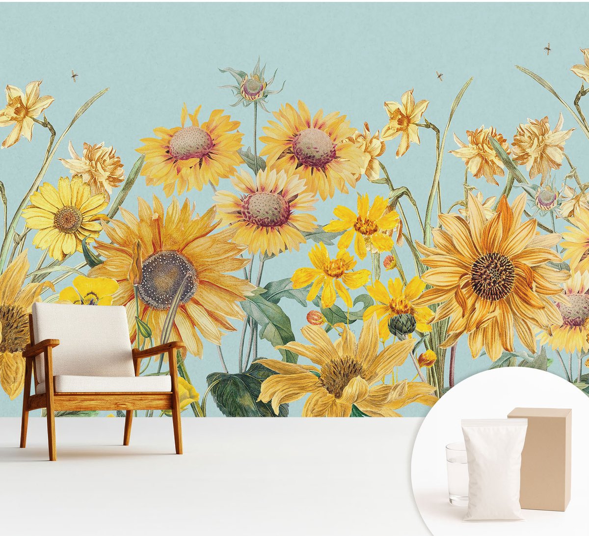 Wallfluent Fotobehang - Geel Vliesbehang - 312x219 cm - Zomertuin Muurschildering - Gang behang Bloemen En Planten - Fotobehang Vlies - Slaapkamer behang