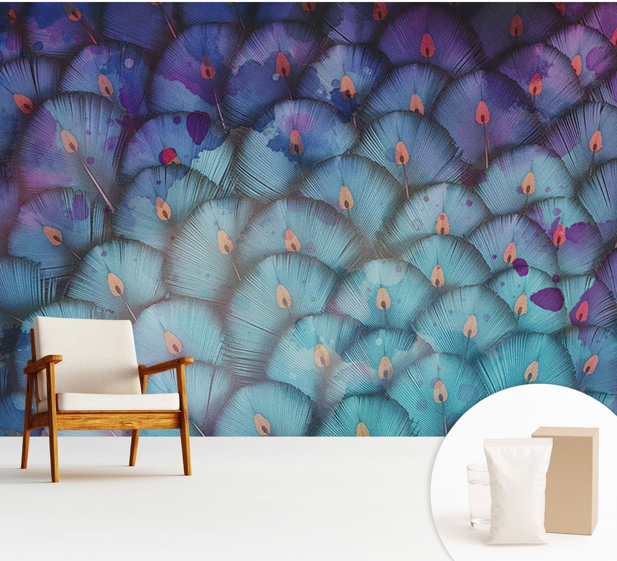 Wallfluent Fotobehang - Blauw Vliesbehang - 312x219 cm - Kleurrijke Veren Muurschildering - Slaapkamer behang Dieren - Fotobehang Vlies - Gang behang