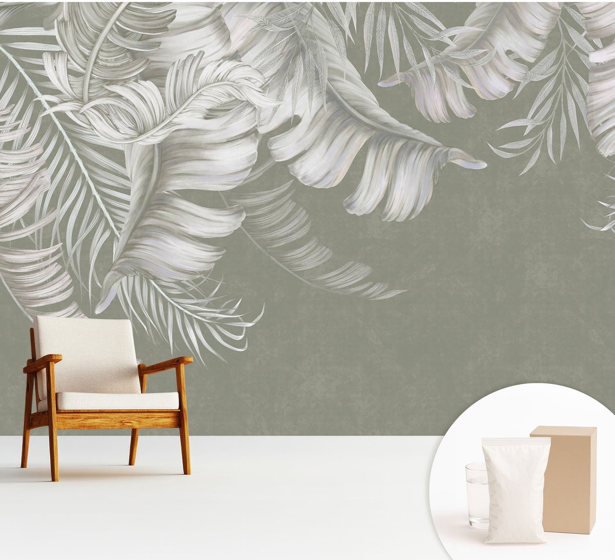 Wallfluent Fotobehang - Grijs Vliesbehang - 312x219 cm - Tere Bladeren Fotobehang Vlies - Woonkamer behang Bloemen En Planten - Muurschildering - Woonkamer behang