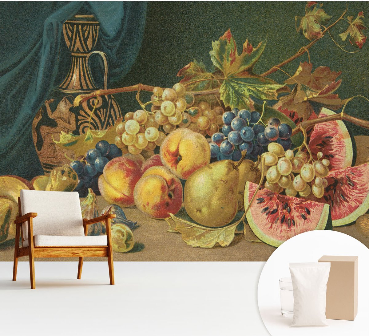 Wallfluent Fotobehang - Grijs Vliesbehang - 312x219 cm - Fruitige Charme Fotobehang Vlies - Hal behang Voedsel - Muurschildering - Hal behang