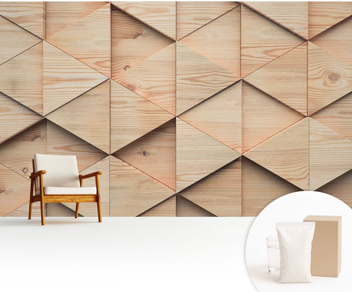 Wallfluent Fotobehang - Beige Vliesbehang - 416x254 cm - Houten Mozaïek Fotobehang Vlies - Woonkamer behang Texturen - Muurschildering - Hal behang
