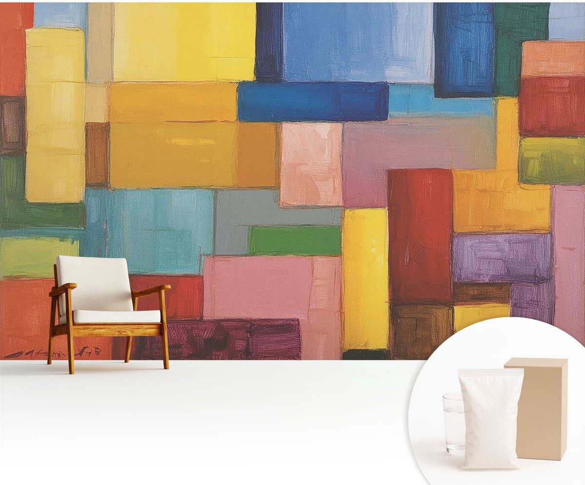 Wallfluent Fotobehang - Geel Vliesbehang - 416x254 cm - Gekleurde Rechthoeken Fotobehang Vlies - Woonkamer behang Abstractie - Muurschildering - Hal behang