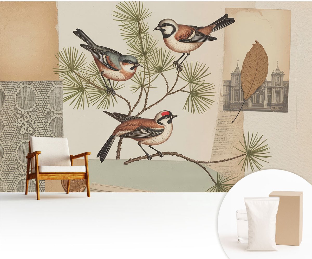 Wallfluent Fotobehang - Bruin Vliesbehang - 416x254 cm - Vogelcollage Muurschildering - Slaapkamer behang Deel - Fotobehang Vlies - Gang behang