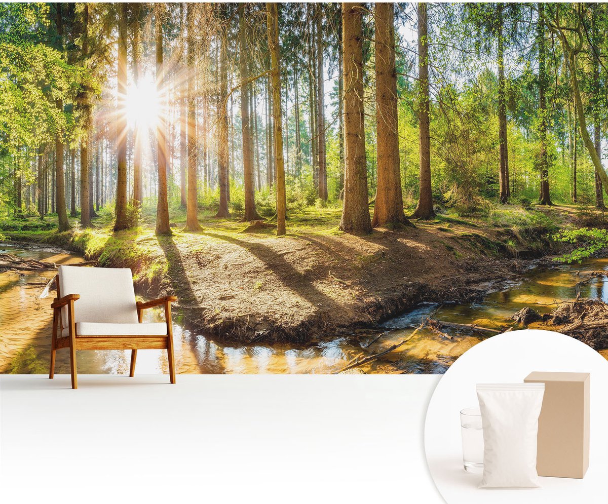 Wallfluent Fotobehang - Groente Vliesbehang - 416x254 cm - Idylle In Het Bos Muurschildering - Gang behang Landschappen - Fotobehang Vlies - Gang behang