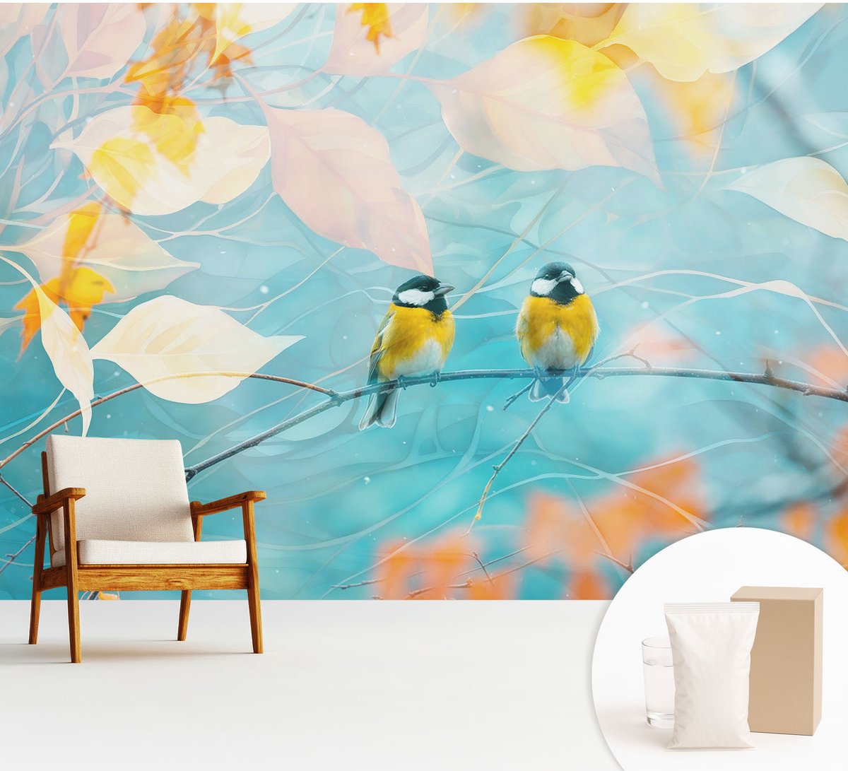 Wallfluent Fotobehang - Blauw Vliesbehang - 312x219 cm - Lente Vogels Fotobehang Vlies - Woonkamer behang Dieren - Muurschildering - Woonkamer behang