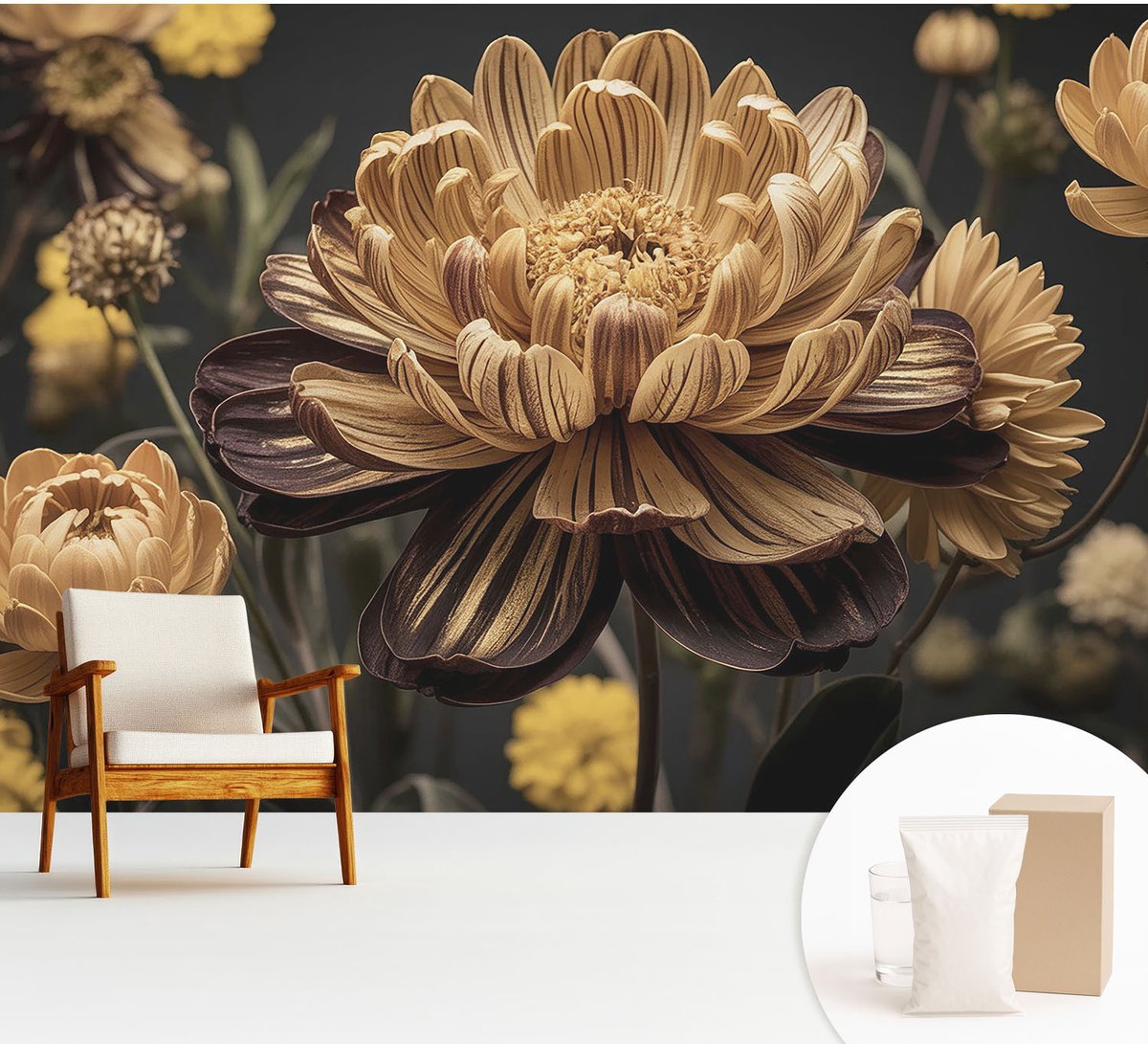 Wallfluent Fotobehang - Grijs Vliesbehang - 312x219 cm - Bloemige Elegantie Fotobehang Vlies - Woonkamer behang Bloemen En Planten - Muurschildering - Woonkamer behang