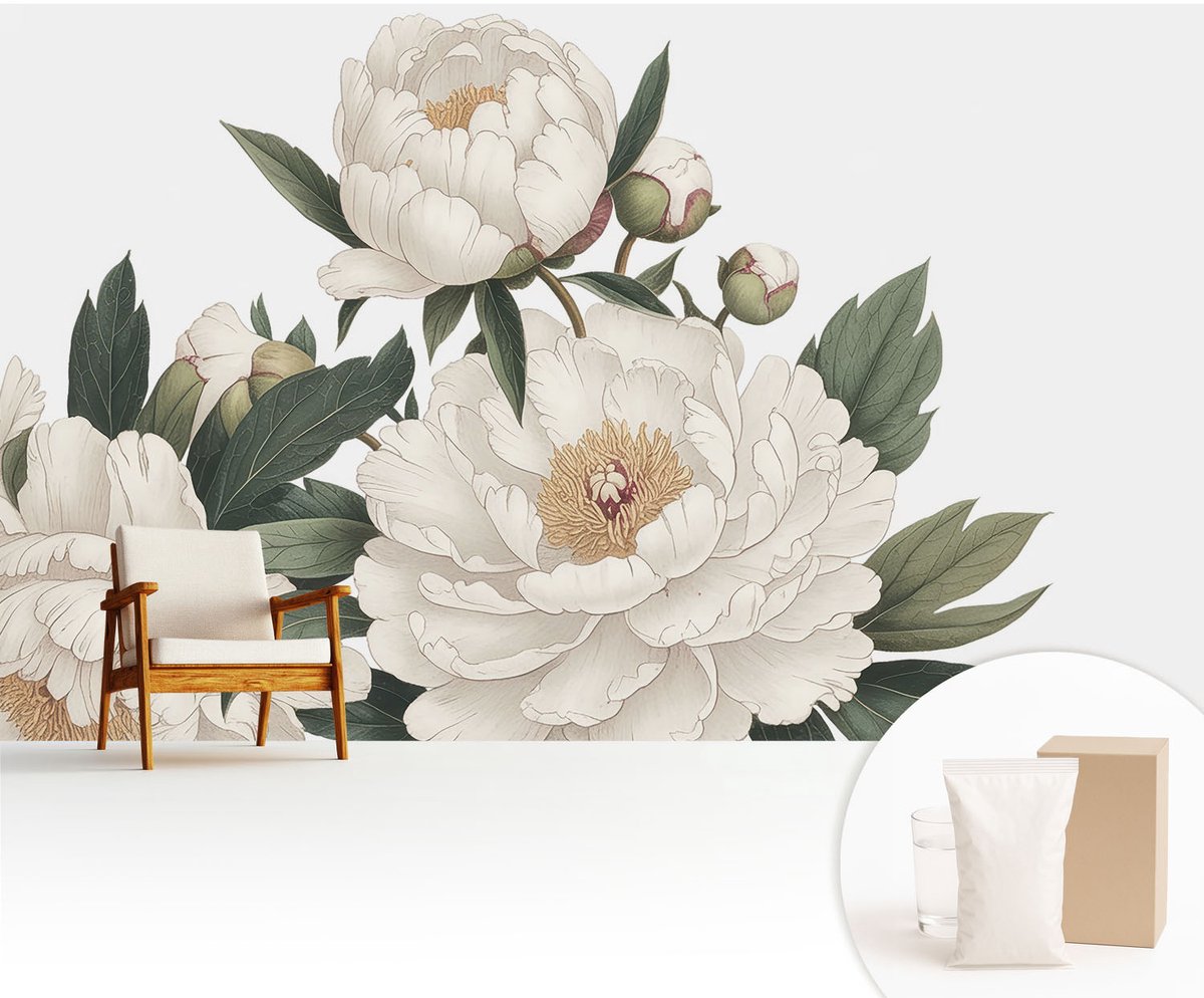 Wallfluent Fotobehang - Wit Vliesbehang - 416x254 cm - Witte Pioenrozen Fotobehang Vlies - Woonkamer behang Bloemen En Planten - Muurschildering - Woonkamer behang