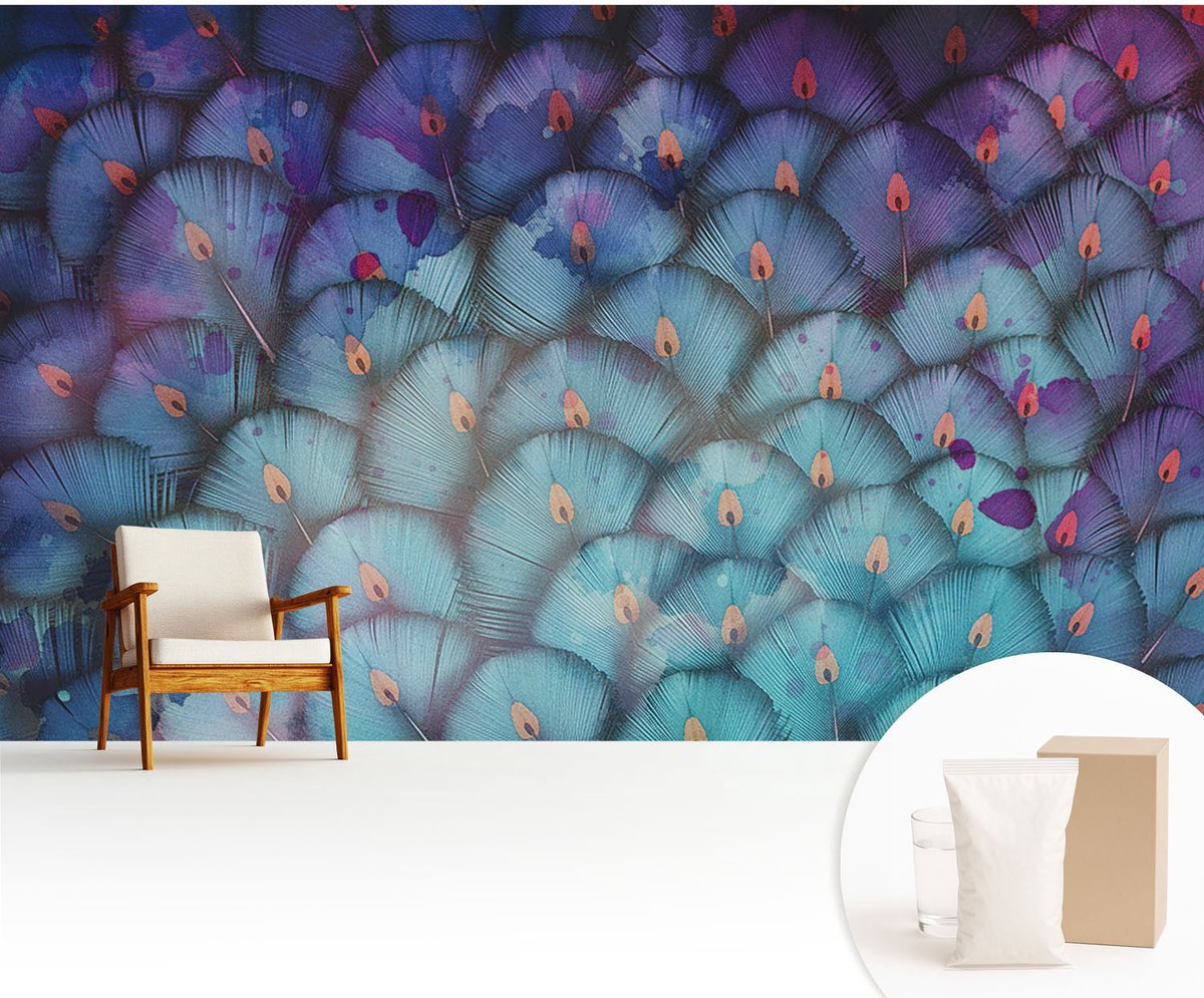 Wallfluent Fotobehang - Blauw Vliesbehang - 416x254 cm - Kleurrijke Veren Muurschildering - Gang behang Dieren - Fotobehang Vlies - Gang behang