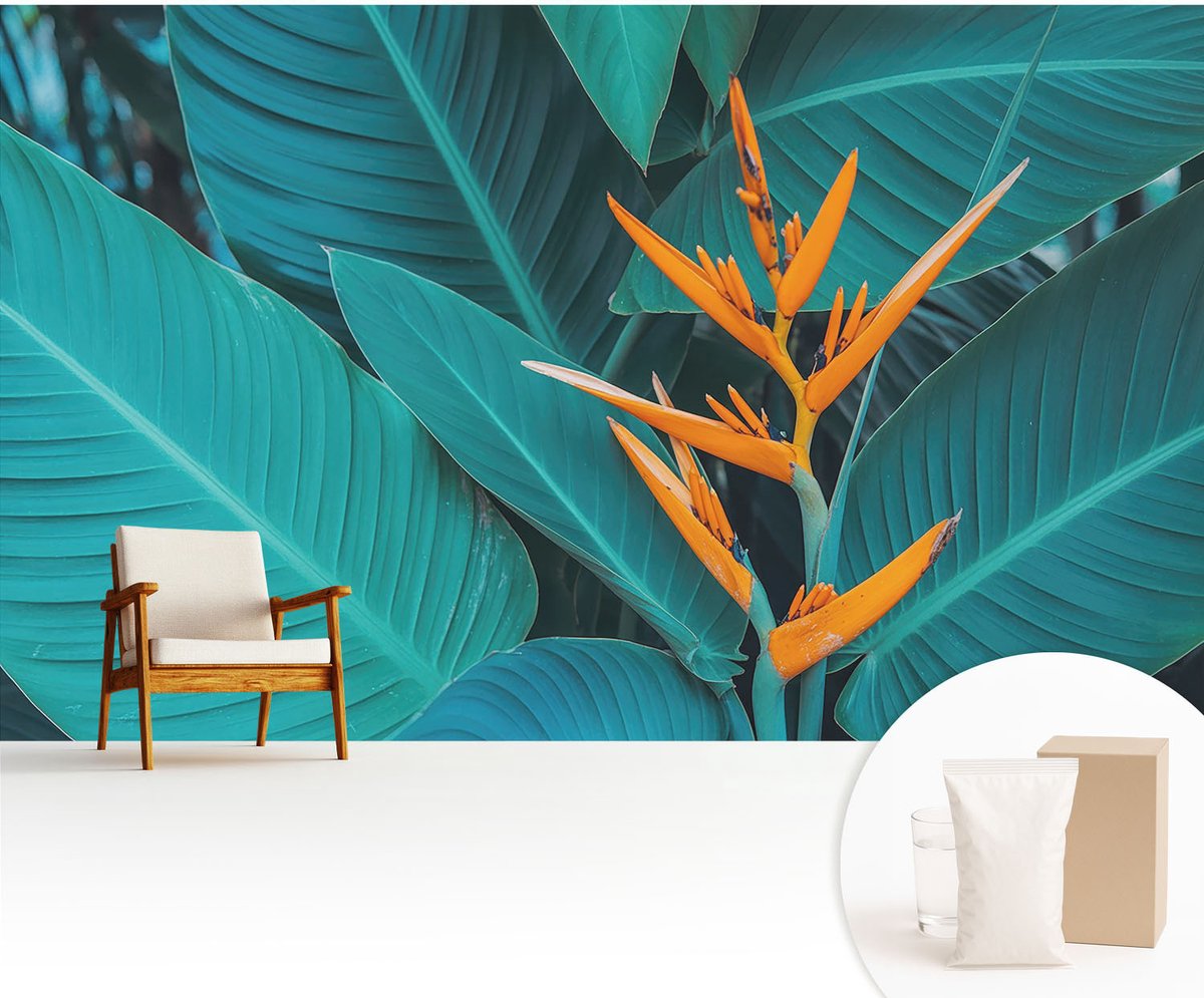 Wallfluent Fotobehang - Oranje Vliesbehang - 416x254 cm - Bladrijke Bloemen Fotobehang Vlies - Hal behang Bloemen En Planten - Muurschildering - Woonkamer behang