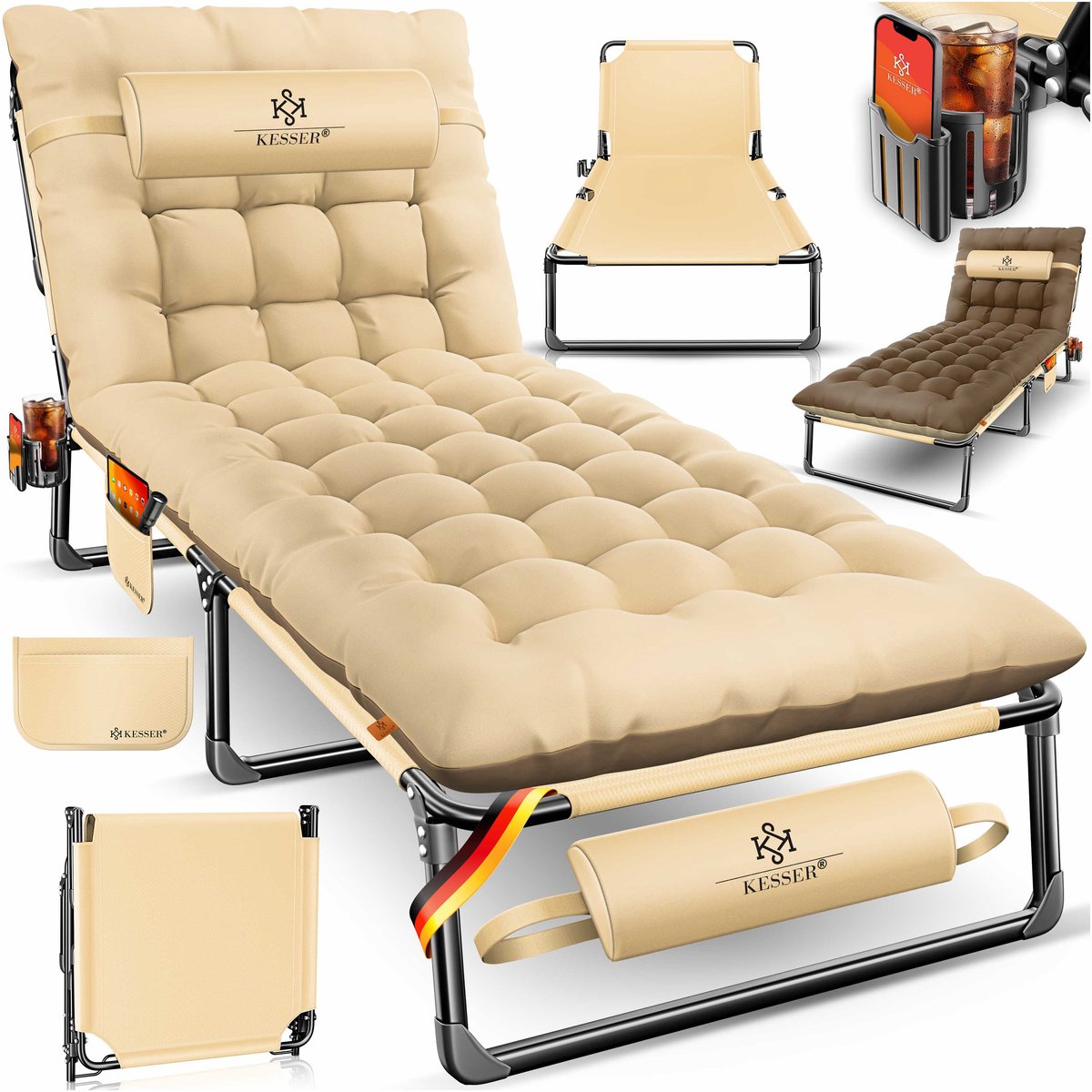 KESSER® Campingbed - Opvouwbaar veldbed 190 x 68 x 30 cm - Tot 250 kg - Met draagtas - Koffie/Crème