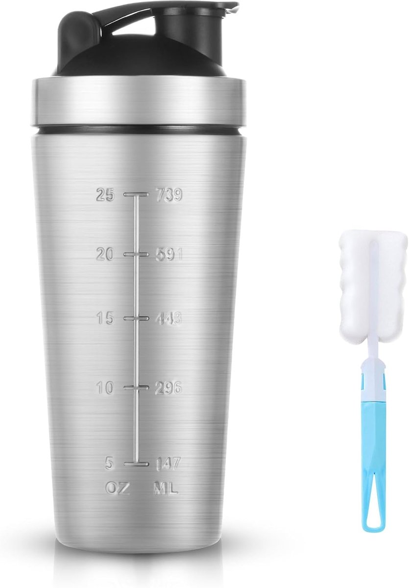 SnelShoppen - RVS Protein Shaker 900 ml - BPA-vrij, Lekvrij, Duurzaam, Inclusief Mixbal en Schuimkwast - Ideaal voor Sport, Fitness, Dieet, Eiwitshake