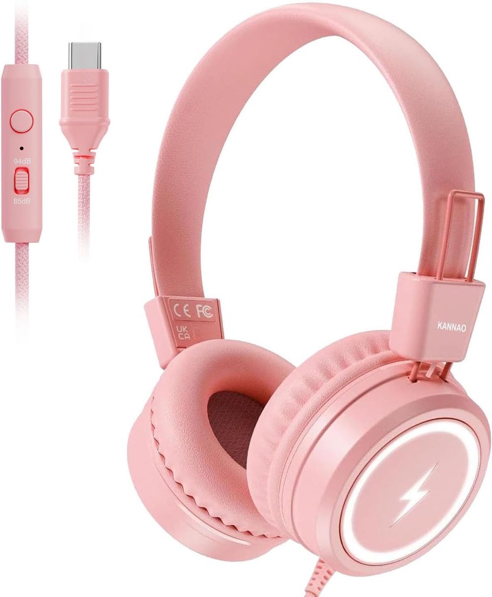 SnelShoppen - Kids Hoofdtelefoon voor School met USB Type C, LED Verlichting, Vouwbare On-Ear Hoofdtelefoon met Veilige Geluidslimiet 85dB/95dB voor K