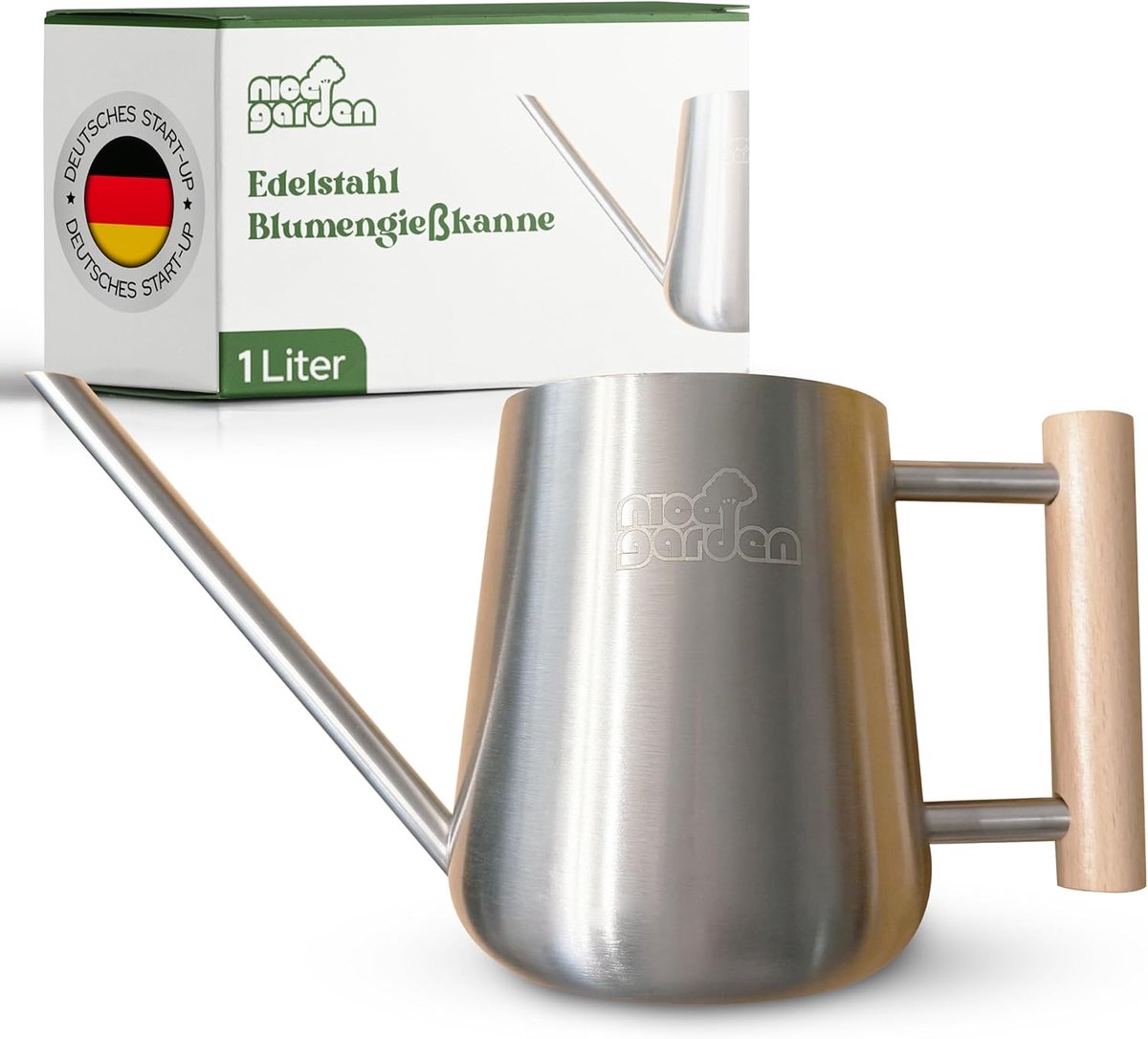 SnelShoppen - Roestvrijstalen gieter 1 liter met houten handvat, stijlvolle bloemengieter voor tuin, balkon en interieur, extra stabiel en perfect uit