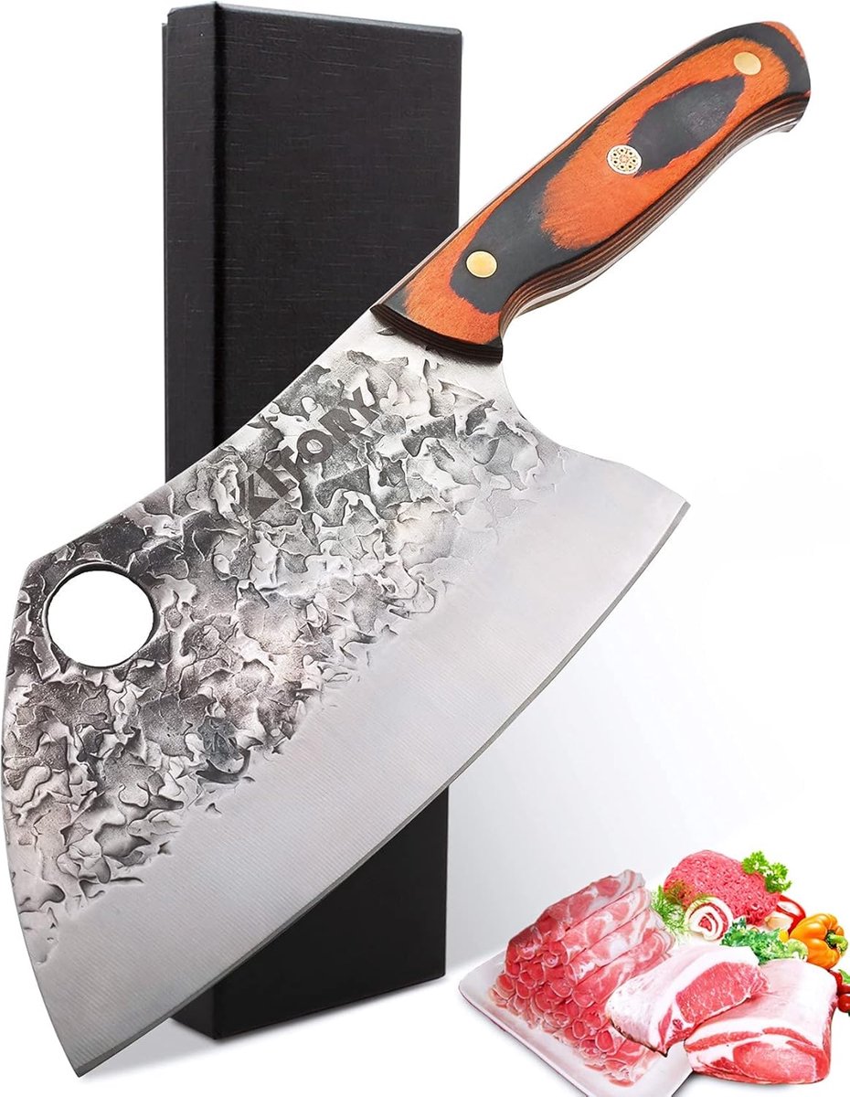SnelShoppen - Kitory Serbische Cleaver 18 cm, Handgesmeed Chinese Keukenmes voor Vlees en Botten, Hoogwaardige HC RVS met Pakka Houten Handgreep