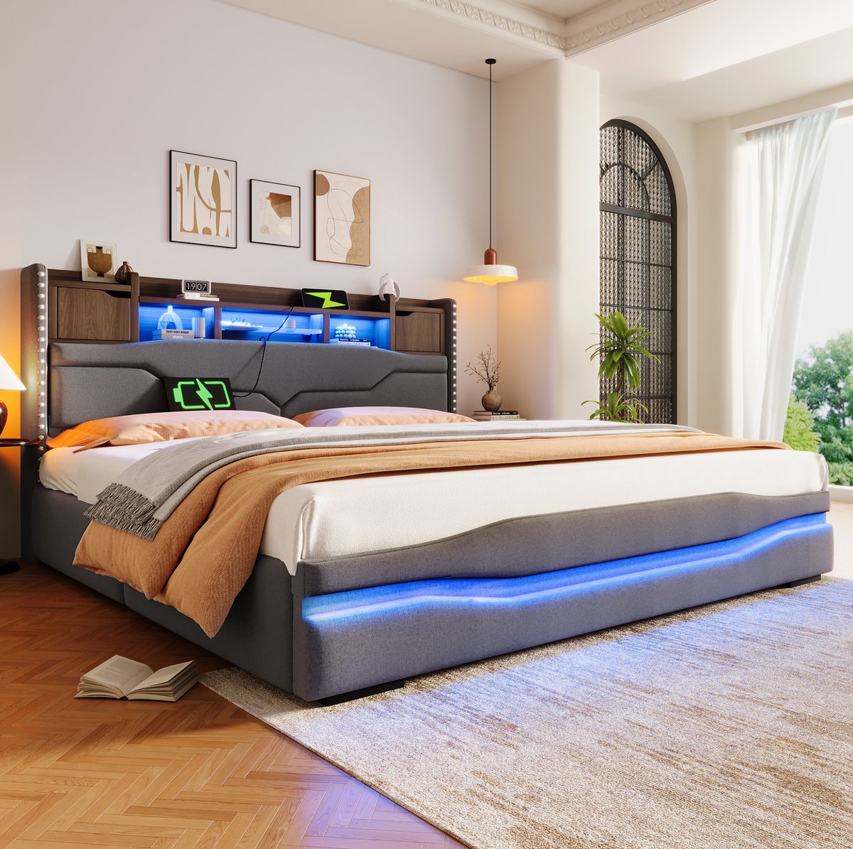 WUVRIE Gestoffeerd opbergbed 180x200 cm met LED, USB-C en opbergvak in hoofdbord, grijs