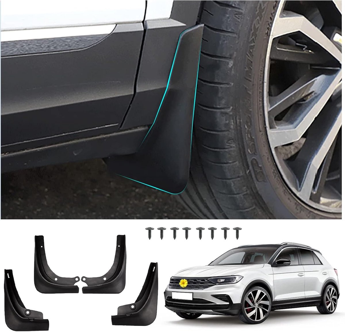 SnelShoppen - 4 Stuks Mud Flaps Auto Modderbeschermers Voor V W T-ROC 2018 2019, Zwart, Hoogwaardige Kunststof, Voor Voor- en Achterzijde, Bescherming
