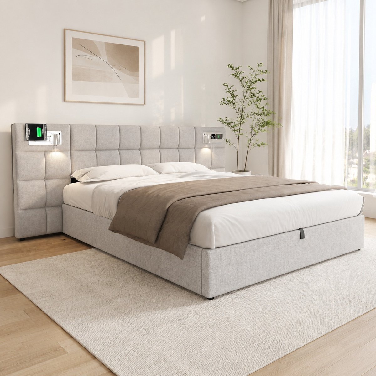 WUVRIE Gestoffeerd opbergbed 180x200 cm met USB, draadloos opladen, verlichting en lattenbodem, grijs