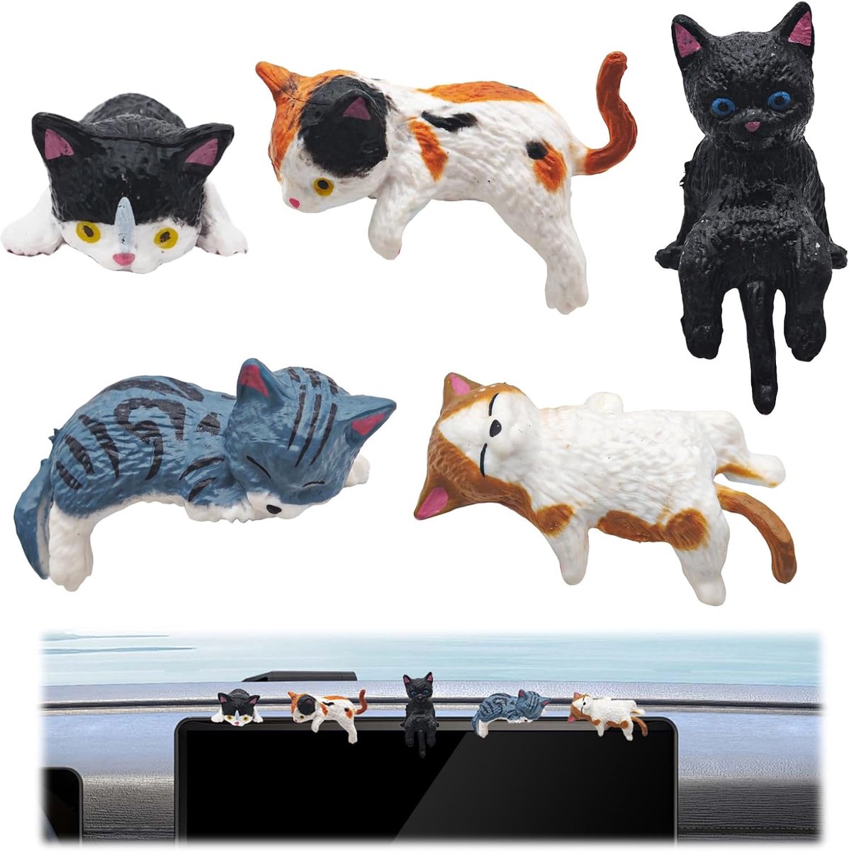 SnelShoppen - 5 Mini Kat Figuren, Haringen Desk Decoratie, Resin Beeldjes voor Computer, Auto Dashboard Versiering, Schattige Katjes voor Kantoor en T