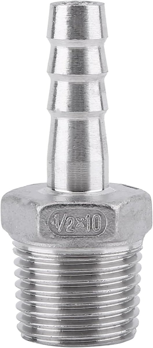 1 x verbindingsstuk voor slangen, barbelslang, adapter, schwanz, van roestvrij staal, SS304, 1/8 inch ~ 3/4 inch (1/2 x 10 mm)