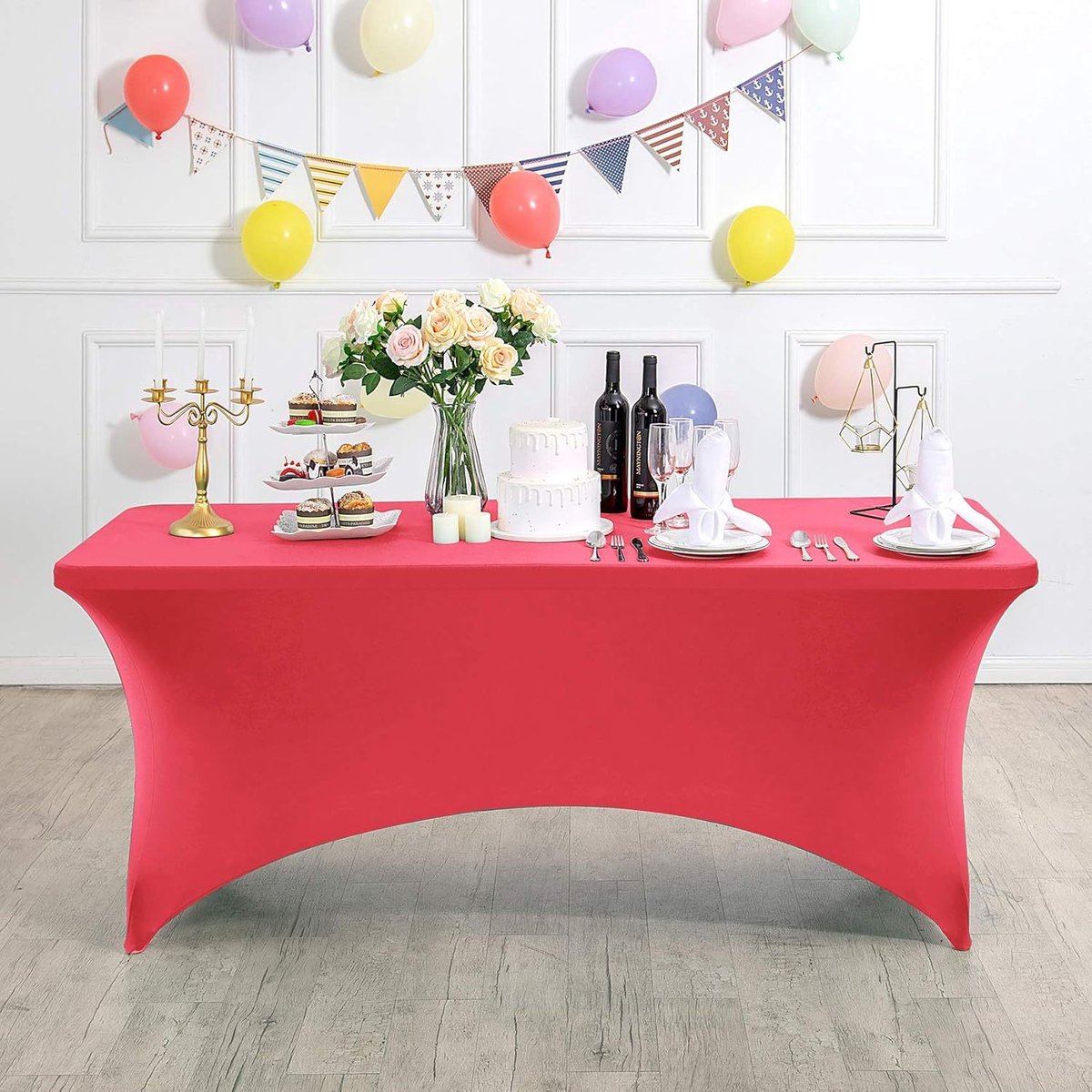 Rechthoekig, rekbaar en vlekbestendig tafelkleed, waterdicht, wasbaar en rekbaar, geschikt voor het decoreren van terrassen, keukens, bruiloften, verjaardagen, feesten, picknicks en andere gelegenheden,Watermeloenrood - 183 x 76 x 76 cm (6 ft)