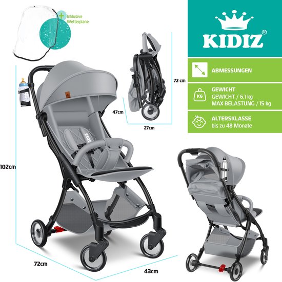 KIDIZ® Kinderwagen Premium - inklapbare buggy met ligstand - 360° wielen en 5-puntsgordel - grijs van Kidiz — afbeelding 4