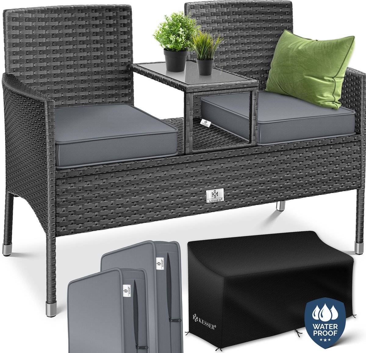 KESSER® Polyrotan tuinbank 2-zits bank met geïntegreerd incl. tafel & kussen - 133 × 63 × 84 cm - rotan zitbank tuin balkon tuinsofa weerbestendig zitgroep ultra stabiel, antraciet