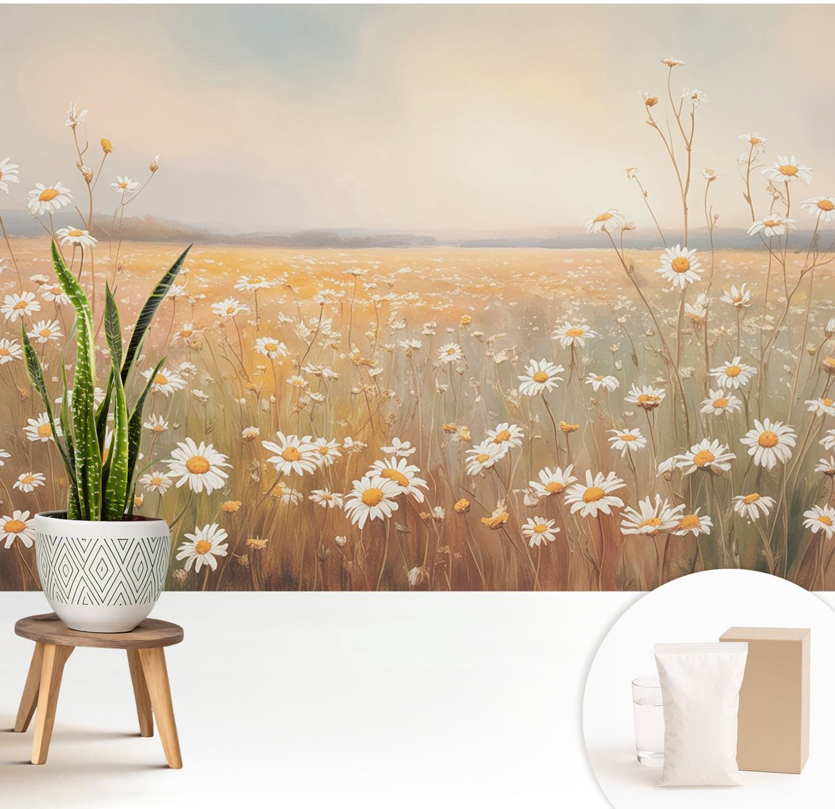 Wallfluent Fotobehang - Wit Vliesbehang - 208x146 cm - Bloemenweide Muurschildering - Slaapkamer behang Bloemen En Planten - Fotobehang Vlies - Slaapkamer behang