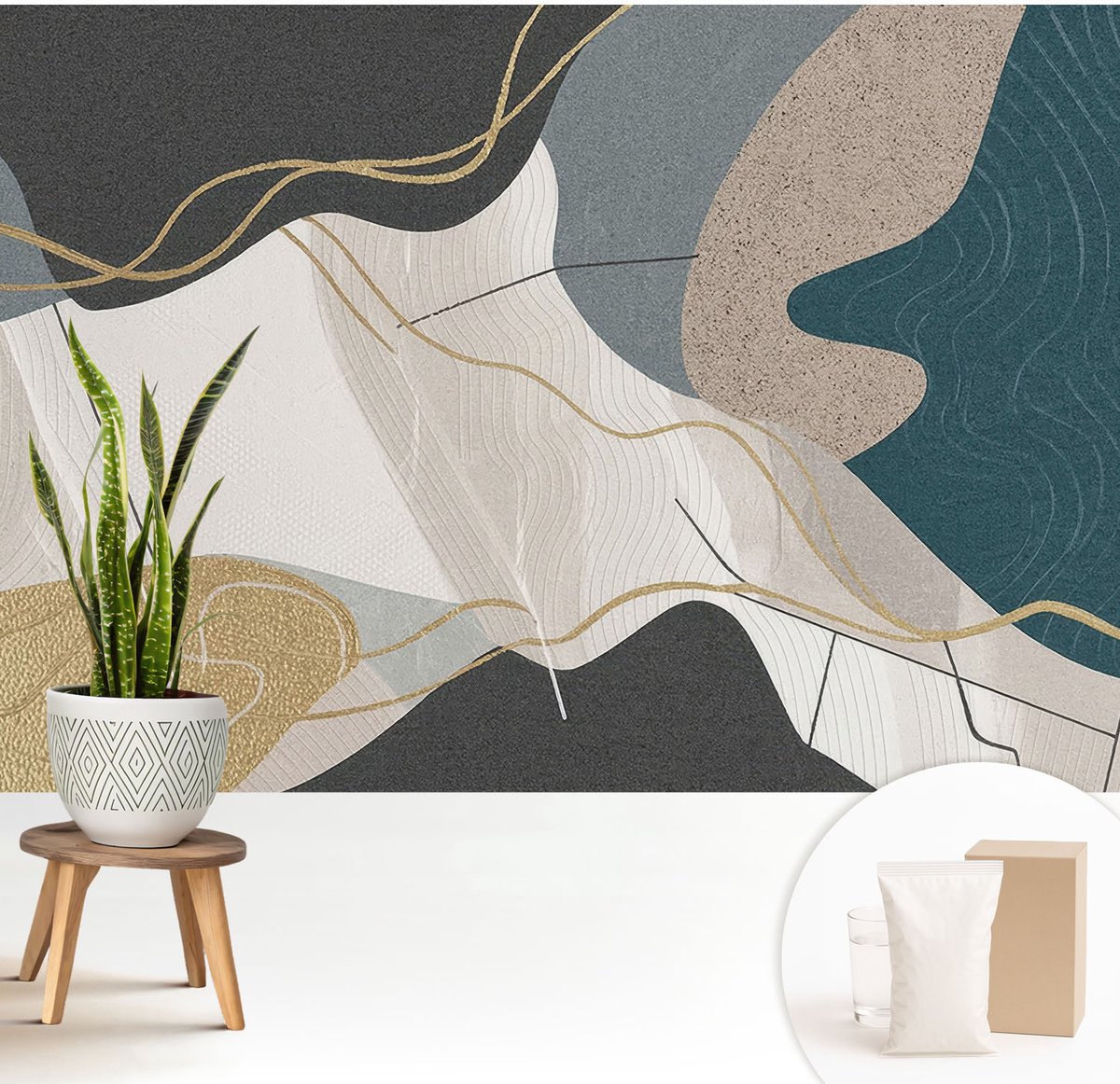 Wallfluent Fotobehang - Grijs Vliesbehang - 208x146 cm - Abstracte Vormen Muurschildering - Gang behang Abstractie - Fotobehang Vlies - Gang behang