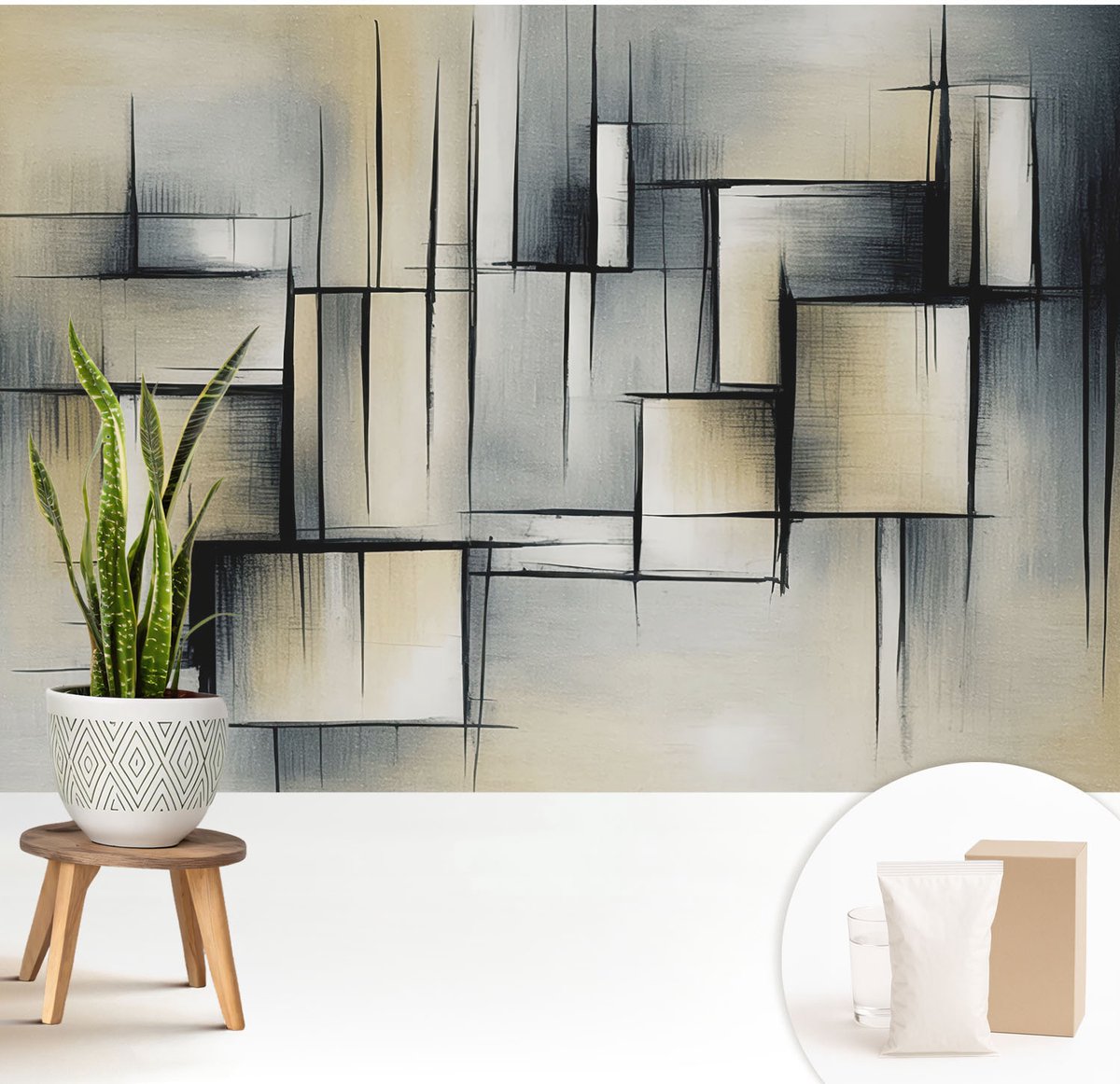 Wallfluent Fotobehang - Grijs Vliesbehang - 208x146 cm - Abstracte Geometrie Fotobehang Vlies - Woonkamer behang Abstractie - Muurschildering - Woonkamer behang