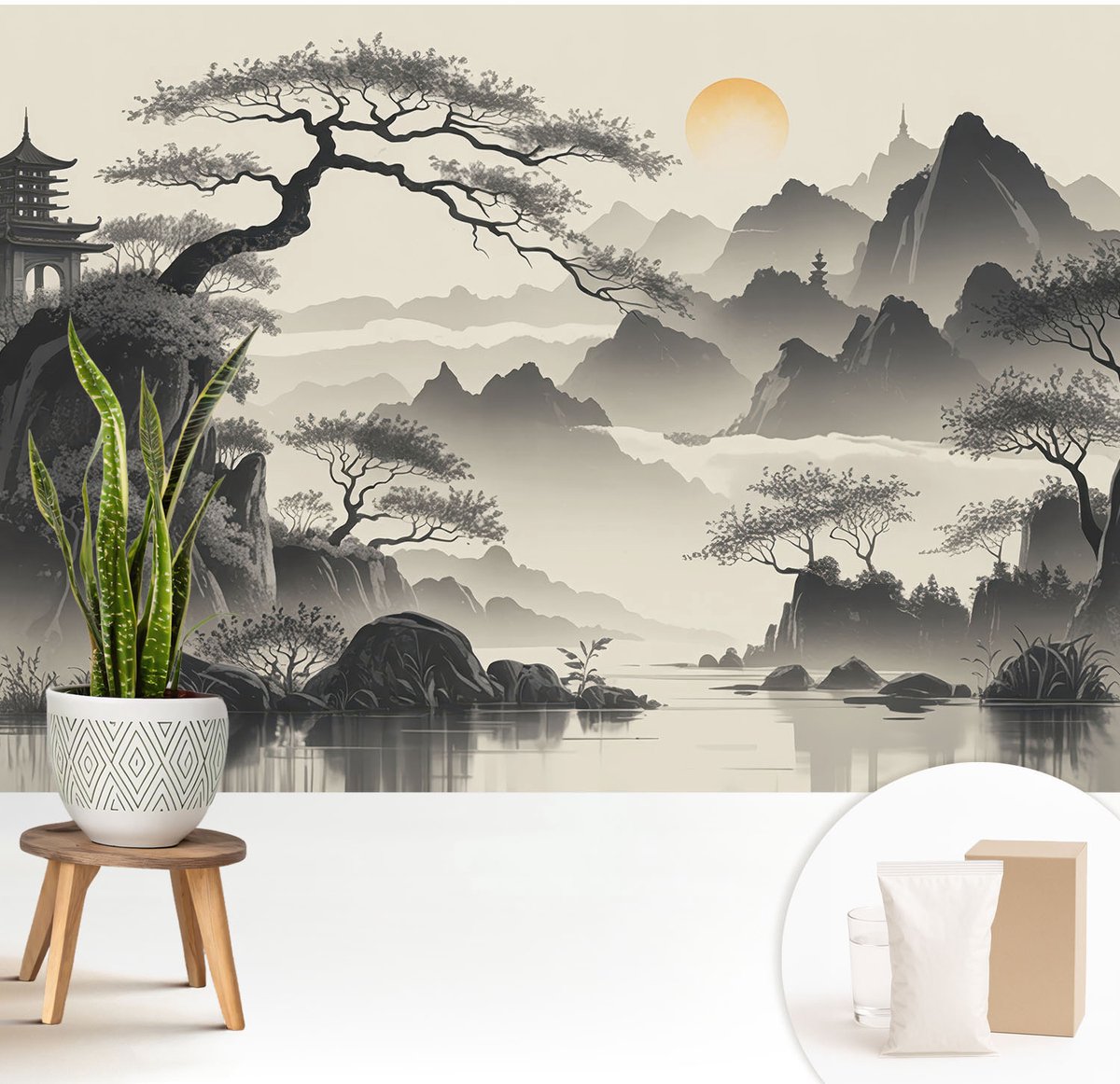 Wallfluent Fotobehang - Zwart-Wit Vliesbehang - 208x146 cm - Oostelijk Landschap Muurschildering - Gang behang Landschappen - Fotobehang Vlies - Gang behang