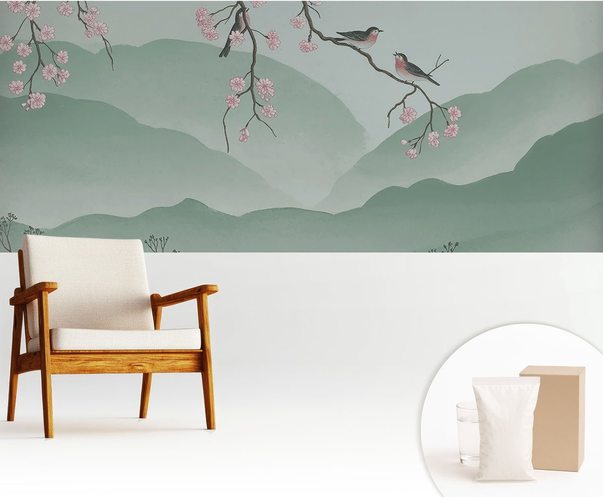 Wallfluent Fotobehang - Grijs Vliesbehang - 250x104 cm - Japanse Serenade Fotobehang Vlies - Woonkamer behang Bloemen En Planten - Muurschildering - Woonkamer behang