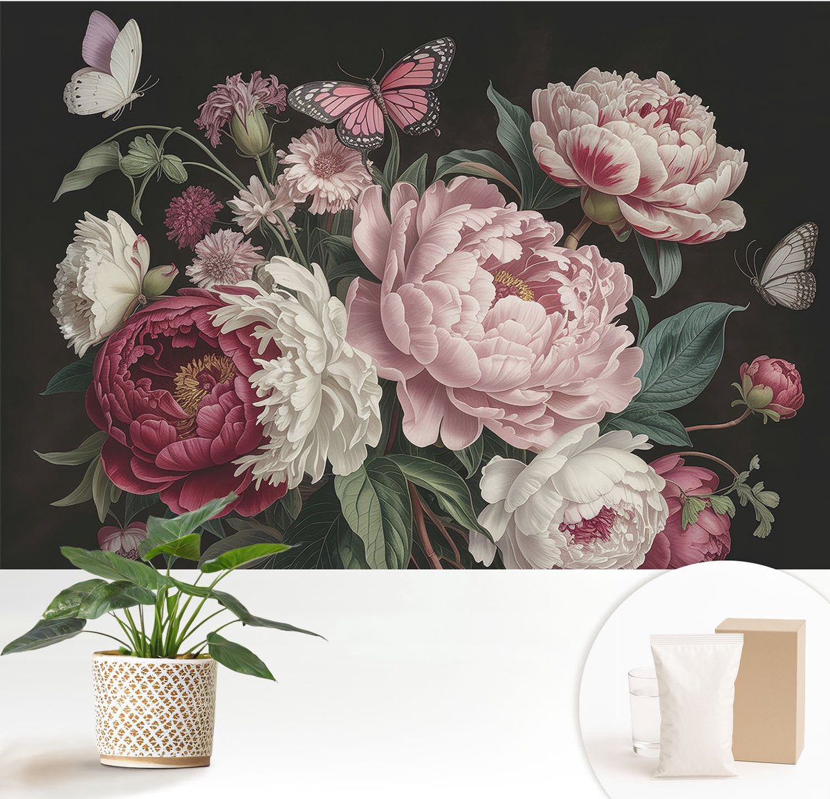 Wallfluent Fotobehang - Zwart Vliesbehang - 152x104 cm - Pioenrozen En Vlinders Muurschildering - Gang behang Bloemen En Planten - Fotobehang Vlies - Slaapkamer behang