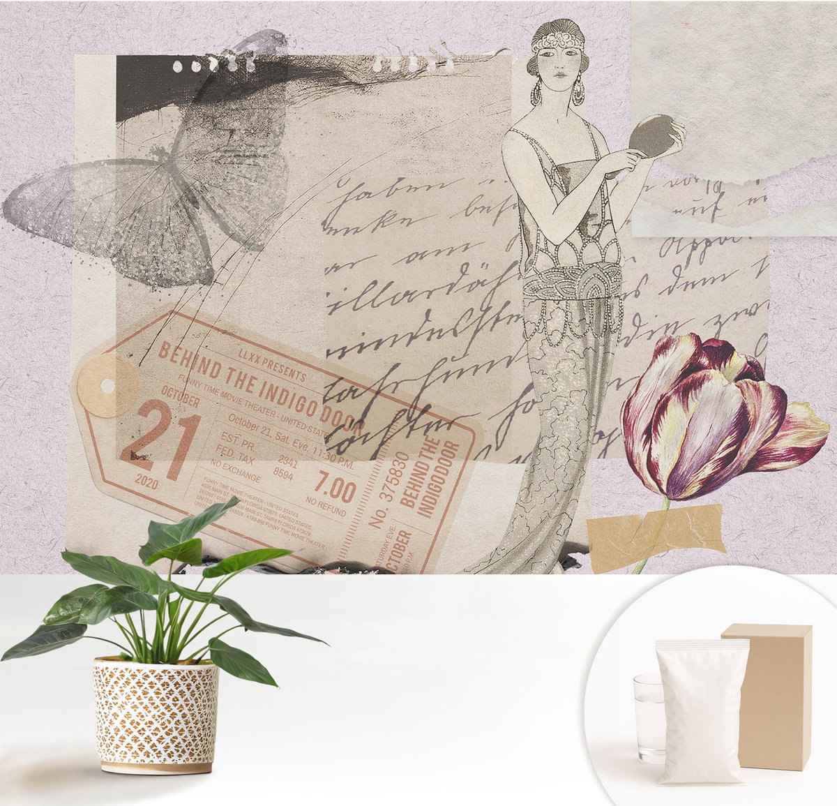 Wallfluent Fotobehang - Grijs Vliesbehang - 152x104 cm - Nostalgische Collage Fotobehang Vlies - Hal behang Deel - Muurschildering - Hal behang