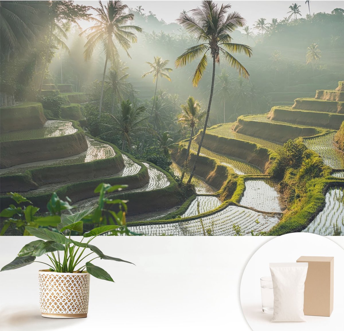 Wallfluent Fotobehang - Groente Vliesbehang - 152x104 cm - Paradijselijke Terrassen Fotobehang Vlies - Woonkamer behang Landschappen - Muurschildering - Woonkamer behang