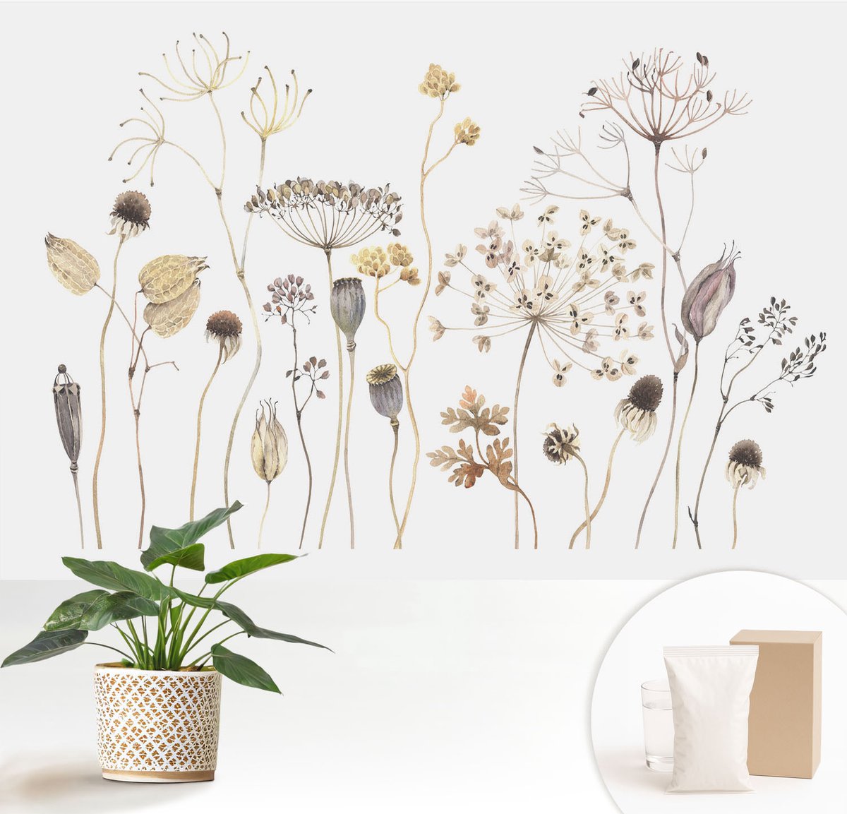 Wallfluent Fotobehang - Beige Vliesbehang - 152x104 cm - Wilde Bloemen Fotobehang Vlies - Woonkamer behang Bloemen En Planten - Muurschildering - Woonkamer behang